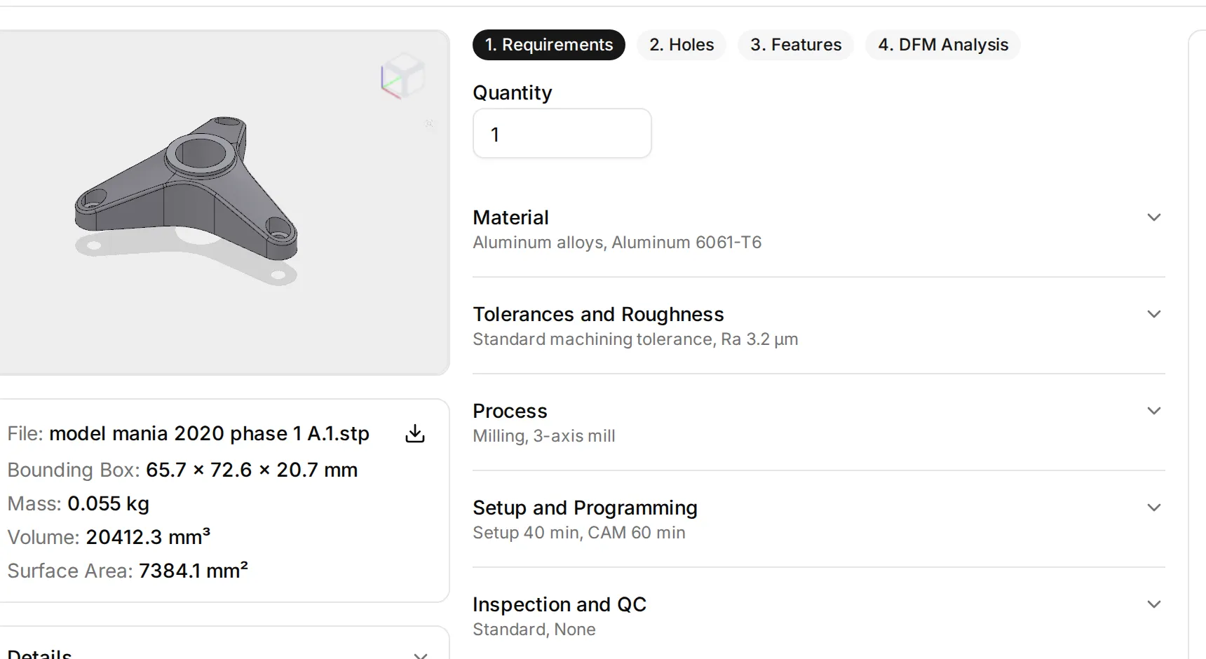 The Requirements step of the part wizard: the three-arm bracket in the 3D viewer with its measurements (bounding box 65.7 × 72.6 × 20.7 mm, mass 0.055 kg, volume 20412.3 mm³, surface area 7384.1 mm²) next to the quantity, material, tolerance, process, setup, inspection and finish sections