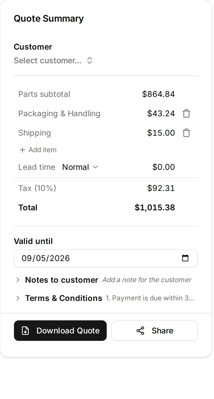 The quote summary: parts subtotal $864.84, packaging and handling $43.24, shipping $15.00, tax $92.31, total $1,015.38, a validity date, notes and terms, and the Download Quote button