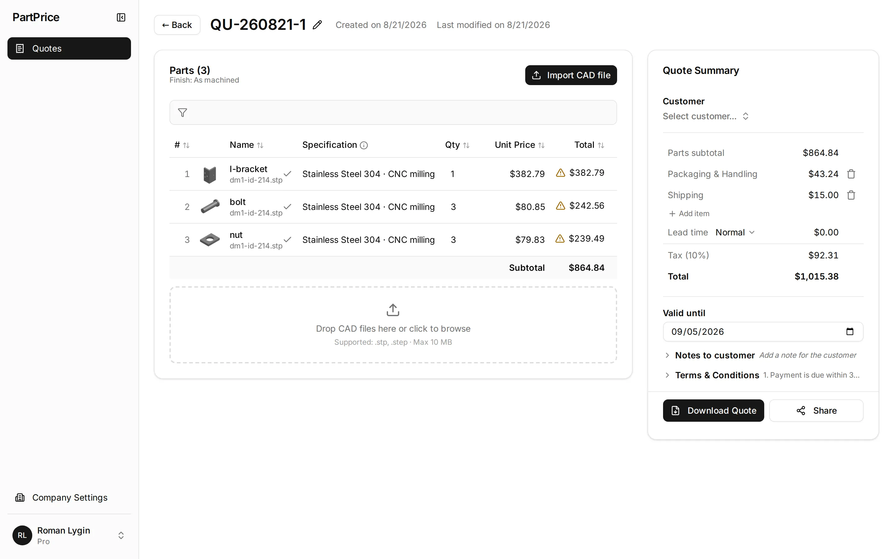 PartPrice quote page: a three-part assembly (bracket, bolt, nut in stainless steel 304) with unit prices and totals, and the quote summary with packaging, shipping, tax, a validity date, terms and the Download Quote button