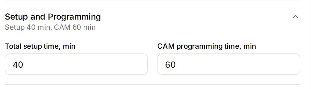 The Setup and Programming section: total setup time 40 min, CAM programming time 60 min